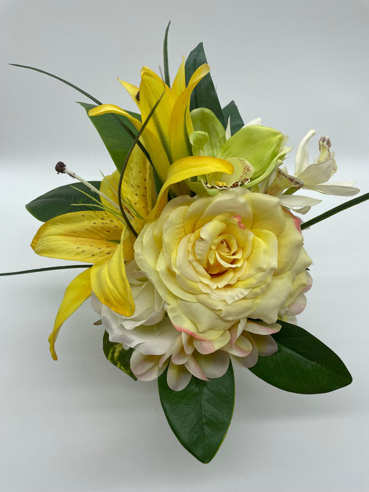 A bright color palette of gold . Set in a foam base so that you can transfer to your own favorite container. Bouquet is wrapped in a decorative burlap sack ready to gift or simply place in your space.  Measures Approximately 10"x 10"x 12"